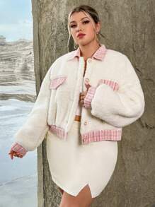 SHEIN Privé Hơn Hoa văn kẻ sọc Thả vai Áo Teddy Jackets - trắng - Xem 3