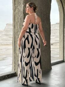 SHEIN Privé Plus Allover Print Drape Front Halter Top & Wide Leg Pants