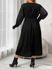 Franclia Plus Contrast Mesh Sleeve Overlap Collar Button Detail Dress