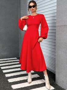 SHEIN Privé 素色燈籠袖A字洋裝 - 紅色 - 查看 3
