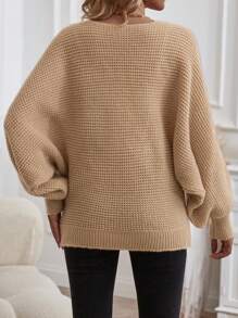 SHEIN LUNE 船领蝙蝠袖罗纹针织套头衫秋冬毛衣 - 卡其色 - 查看 2