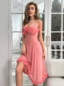 SHEIN 荷叶边网眼覆盖吊带睡衣长裙 - 藕粉色 - 查看 3