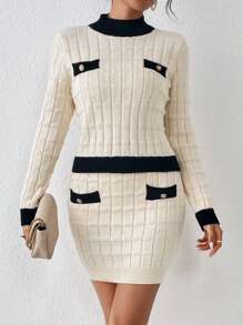 SHEIN Privé 女款對比色半高領毛衣和毛衣裙套裝 - 彩色 - 查看 4