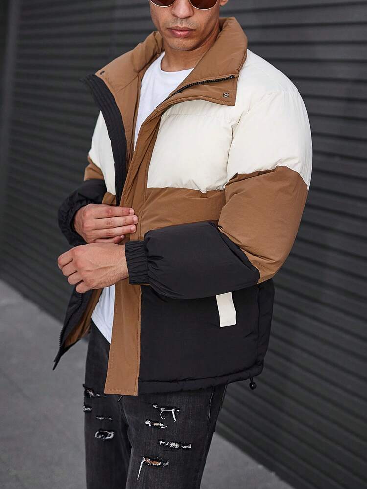 Oversized Men's Color Block Zip Up Outdoor Windbreaker Padded Coat