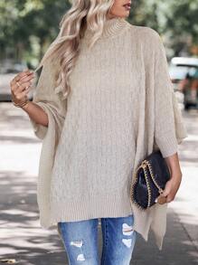 SHEIN LUNE 纯色蝙蝠袖不对称下摆针织斗篷套头衫毛衣秋冬款 - 卡其色 - 查看 5