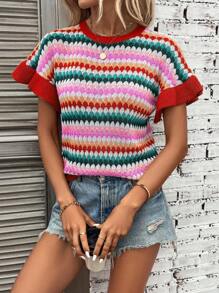 SHEIN LUNE Colorblock Contrast Binding Batwing Sleeve Pointelle Knit Top - Red - View 4