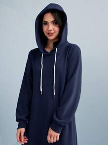 Graceveil Letter Patched Drawstring Hooded Sweatshirt Dress,Long Sleeve Tops Modest Pullover Fall Outfit - Navy Blue - View 5