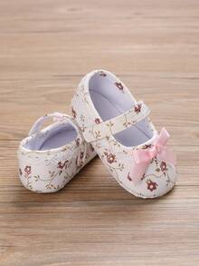 女嬰花卉圖案蝴蝶結裝飾瑪麗珍平底鞋適用於戶外 - 白色 - 查看 3