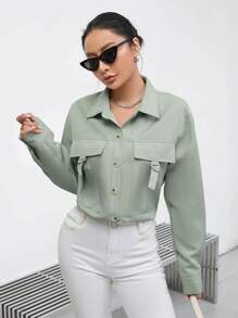 GENKIRA Flap Pocket Buckle Detail Button Front Shirt Fall Cloth For Women - Mint Green - View 6