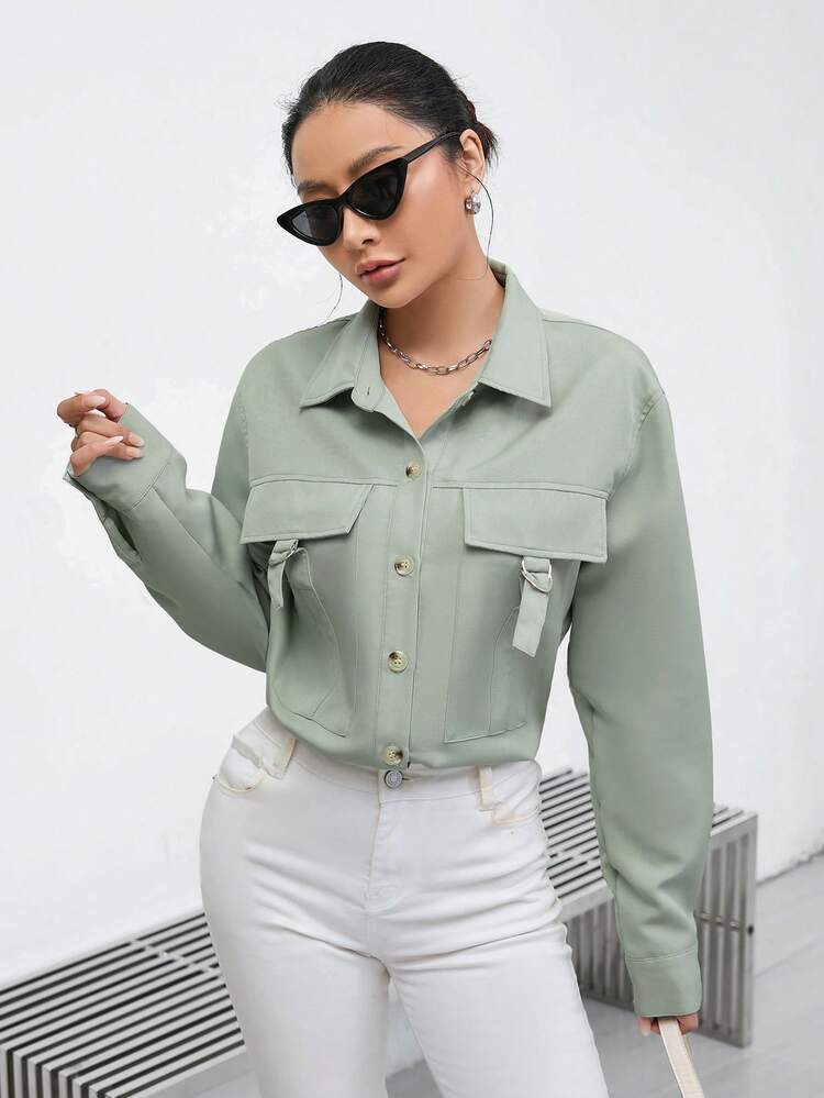 Flap Pocket Buckle Detail Button Front Shirt Fall Cloth For Women