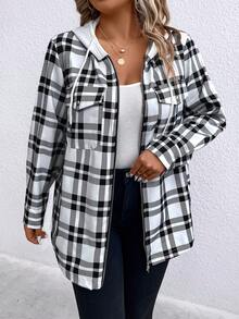 SHEIN LUNE Plus Plaid Print Zip Up Drawstring Hooded Coat - Black and White - View 5