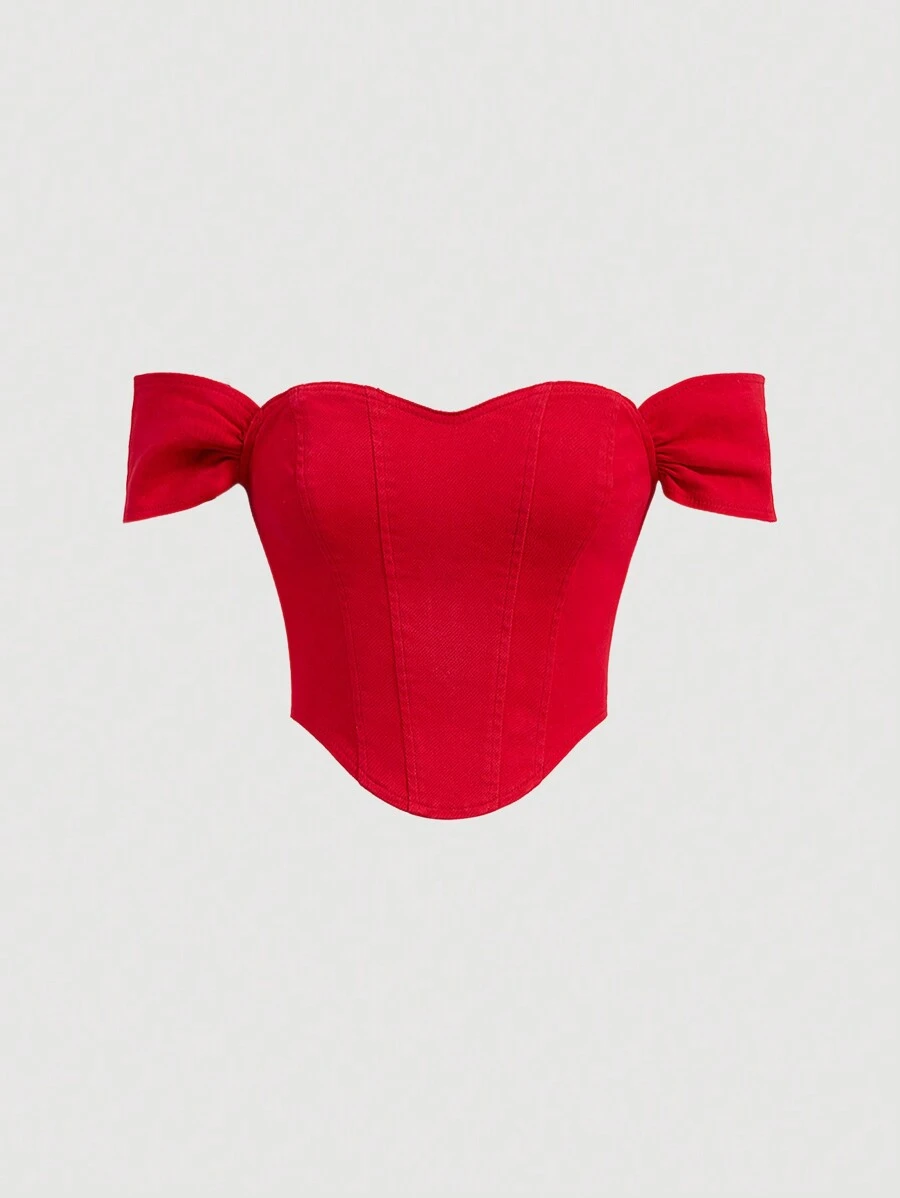 SHEIN MOD Camisa De Mezclilla Roja Con Escote En Forma De Corazón Para Mujer, Para El Día De San Valentín - Rojo - Ver 1