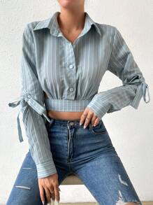 SHEIN Privé Solid Tie Backless Crop Shirt - Blue - View 6