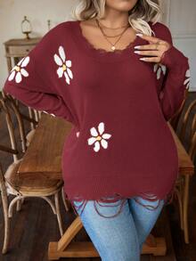 Calvaya 加花卉圖案落肩仿舊毛衣 - 酒紅色 - 查看 5