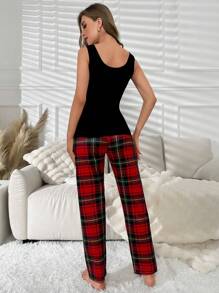 Bear Patched Tank Top & Plaid Print Pants PJ Set / Pajama Set - Black - View 2