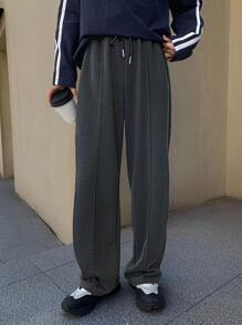 FRIFUL Solid Drawstring Waist Slant Pocket Pants - Dark Grey - View 1