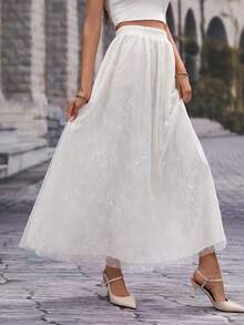 Chiquease High Waist Mesh Overlay Skirt - White - View 5