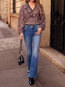 SHEIN Frenchy Blusa con estampado floral ribete con fruncido de manga farol ribete con fruncido - Multicolor - Ver 5