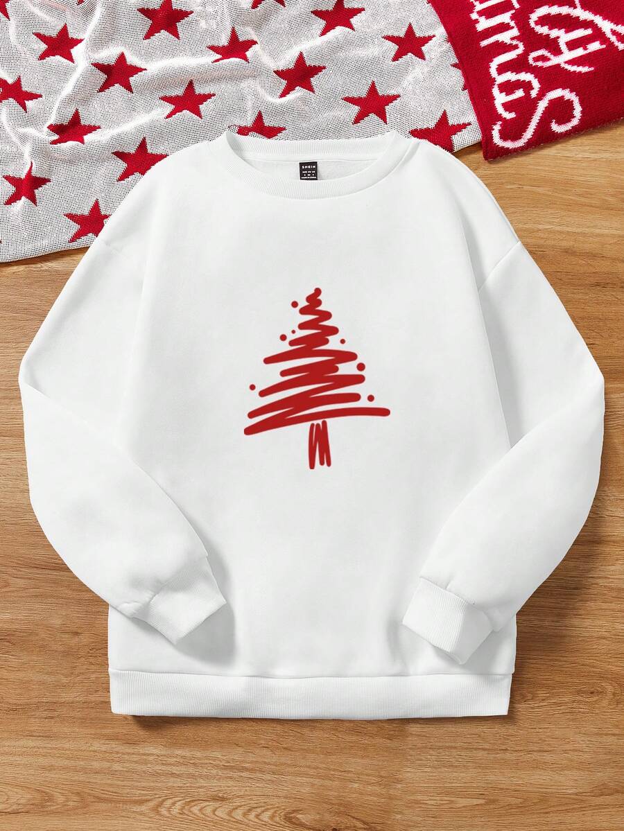 SHEIN Essnce 樹圖案落肩袖運動衫 - 白色 - 查看 1