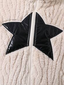 Teen Girl Star Pattern Zip Up Crop Teddy Jacket - Apricot - View 5