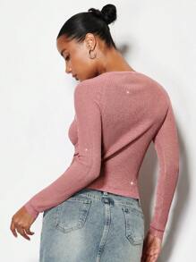 SHEIN BAE 貼花細節前鏤空短款毛衣 - 藕粉色 - 查看 2