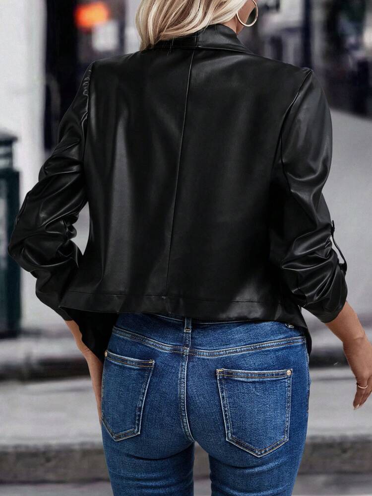 Shawl Collar Roll Tab Sleeve Open Front Jacket Fall Cloth For Women