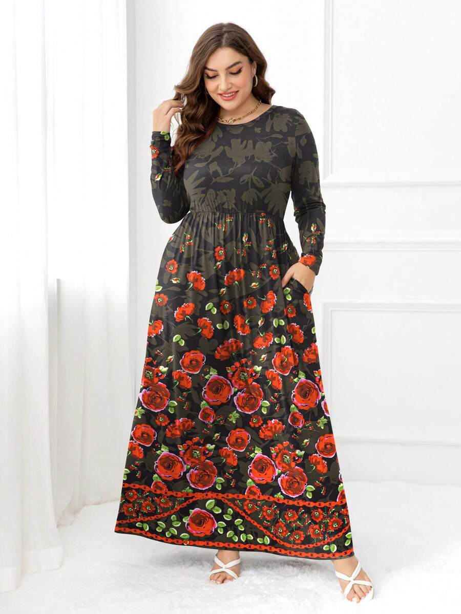 DEARCASE Plus Floral Print Hidden Pocket Dress - Multicolor - View 1