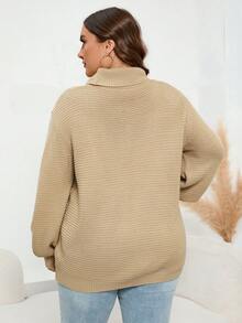 SHEIN LUNE Plus Turtleneck Cable Knit Drop Shoulder Sweater - Khaki - View 2