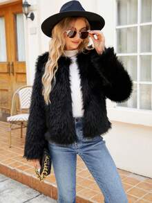 Women's Solid Color Long Sleeve Open Front Loose Fashionable Faux Fur Coat Jacket, Autumn/Winter