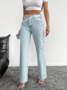 EURMUSE 水鑽裝飾直筒牛仔褲 - 淺色水洗藍 - 查看 1