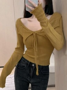 DAZY Áo len thắt nút phía trước, quần áo mùa thu - Màu vàng - Xem 5