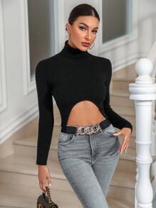 Zolique Turtleneck Cut Out Front Knit Pullover Fall Winter Sweater - Black - View 6
