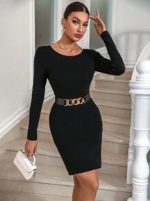 Zolique Cut Out Back Bodycon Sweater Dress - Black - View 5