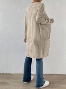 SHEIN Essnce Dual Pocket Drop Shoulder Open Front Coat In Fall/Winter - Khaki - View 2