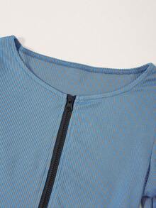 SHEIN ICON 拉鏈開襟弧形下擺T恤 - 水鴨藍 - 查看 7