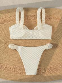 Swim Mod Conjunto de bikini con nudo frontal y pliegues para playa de verano - Beis - Ver 2