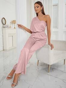 One Shoulder Ruched Satin Jumpsuit - Baby Pink - View 8