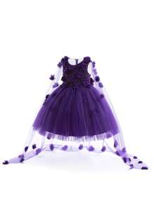 女小童貼花網紗覆蓋派對禮服適用於聖誕 - 紫色 - 查看 3