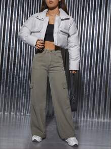 SHEIN PETITE 翻盖口袋落肩衬垫大衣 - 白色 - 查看 5