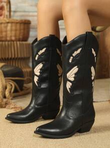 Styleloop Butterfly Stereo Patchwork Black Western Boots For Spring & Autumn 2024 Latest Fashionable PU Leather Boots, Cowboy Boots For Women
