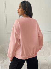 SHEIN EZwear 人像圖案落肩袖運動衫 - 粉色 - 查看 2