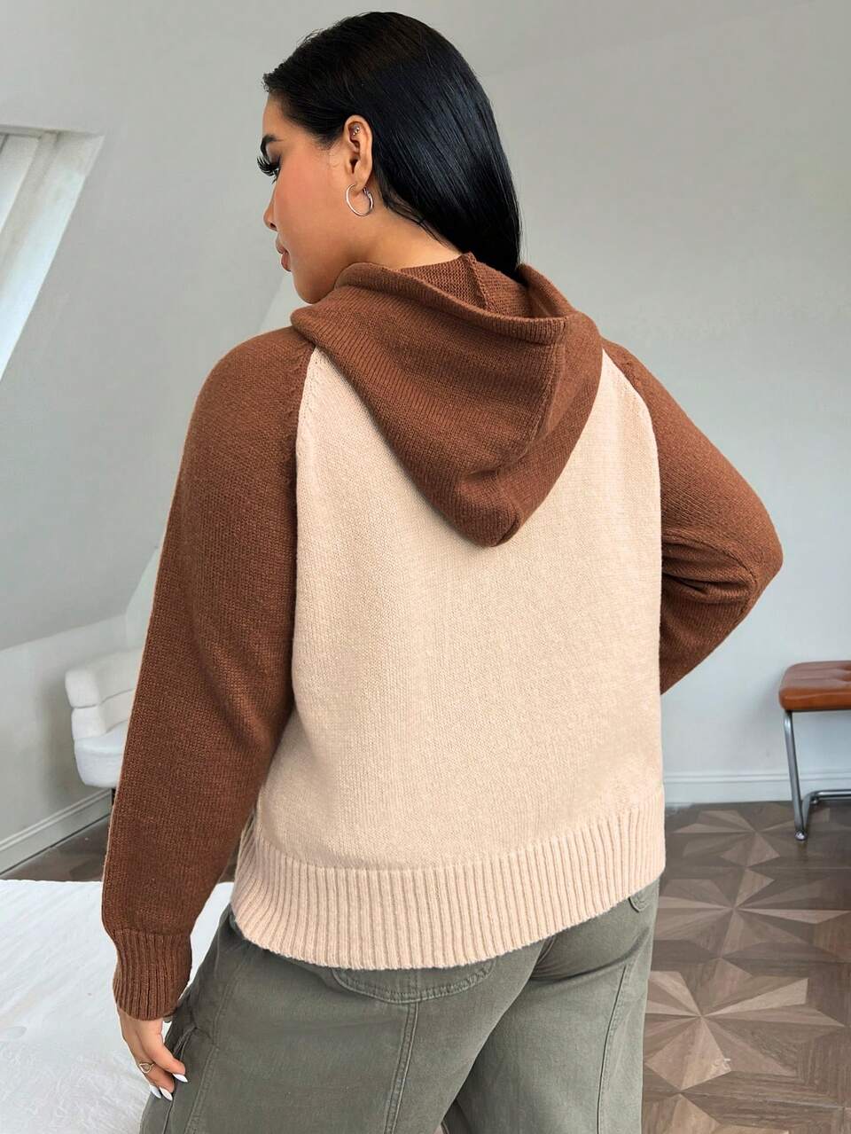 Plus Star & Slogan Pattern Raglan Sleeve Drawstring Hooded Sweater