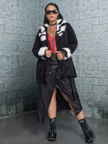 ROMWE PUNK Plus Fuzzy Trim Button Front Coat - Black - View 1