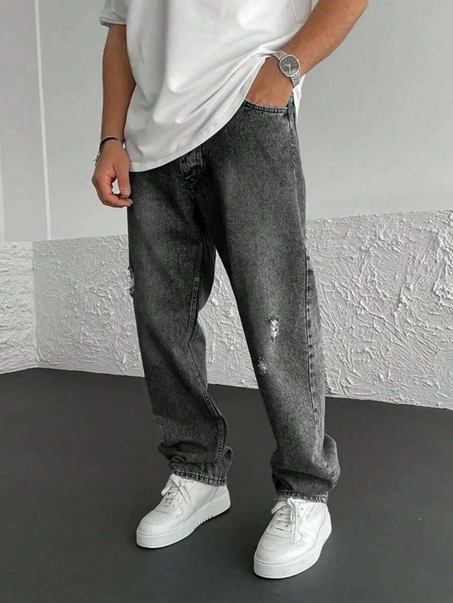 Men Ripped Straight Leg Jeans - Dark Grey - View 1