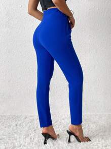 SHEIN PETITE Solid Slant Pocket Pants - Navy Blue - View 2