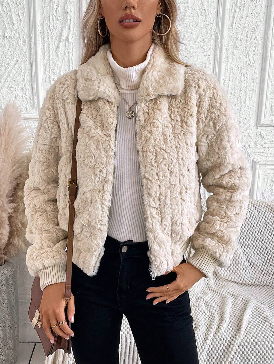 SHEIN LUNE Zip Up Drop Shoulder Fuzzy Coat - Apricot - View 1