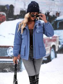 SHEIN LUNE Flap Pocket Zip Up Self Spänne Bältad Vadderad - Dammblå - Visa 3