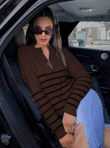 SHEIN Unity Striped Pattern Half Zip Drop Shoulder Sweater - Brown - View 6