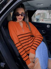 Flirla Striped Pattern Half Zip Drop Shoulder Sweater