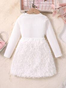 SHEIN Young Girl Bow Detail Ribbed Knit Tee & Fuzzy Skirt - White - View 2